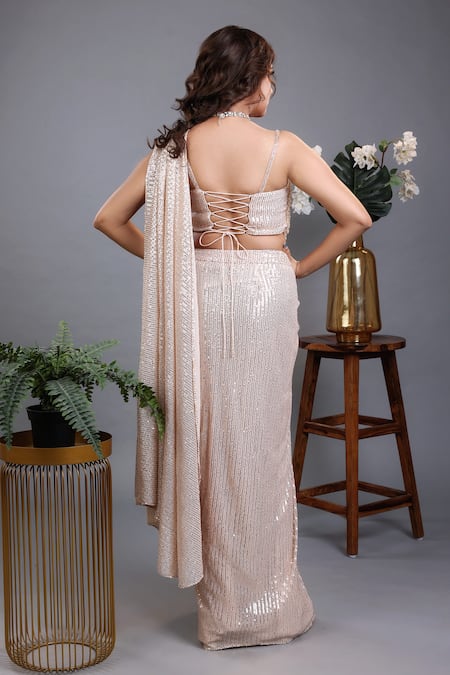 Shop_Lasha_Beige Net, Lycra Crystals, Sequins Square Neck Pre-draped Saree With Blouse _at_Aza_Fashions