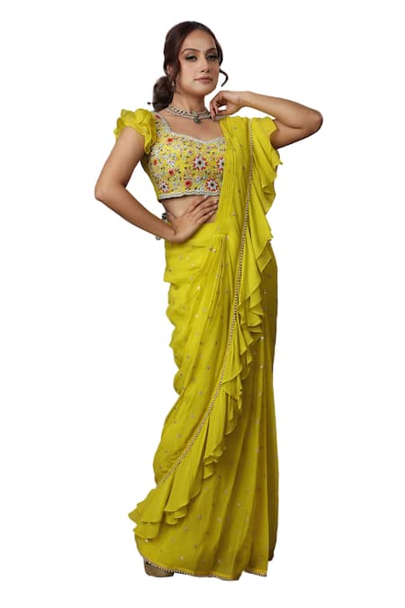 Lasha_Yellow Organza, Crepe Sequins Sweetheart Pre-draped Ruffle Saree With Blouse _Online_at_Aza_Fashions