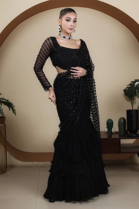 Lasha Black Organza Hand Embroidered Mermaid Lehenga Saree With Blouse 