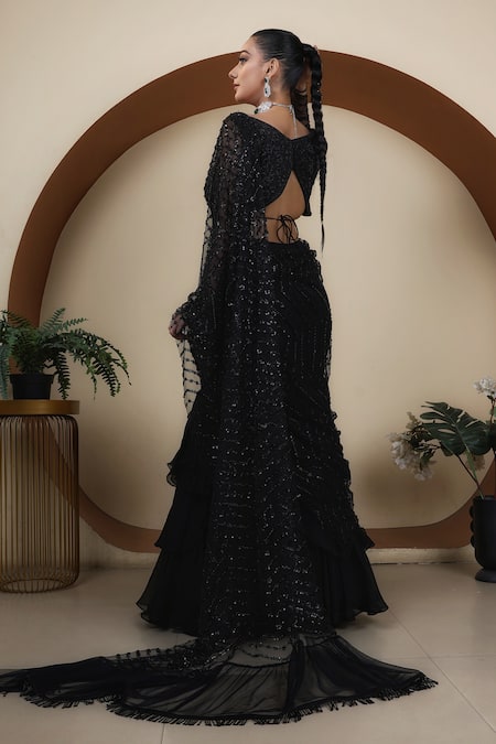 Lasha Black Embroidered Mermaid Lehenga Saree 