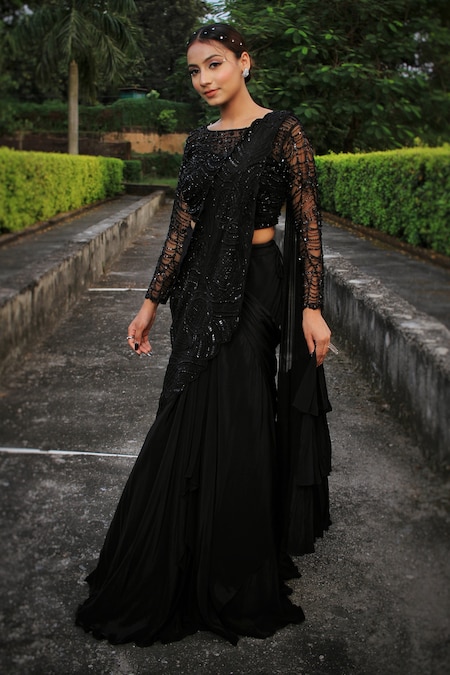 Lasha Black Crepe Hand Embroidered Sequins Boat Layered Lehenga Saree With Blouse 