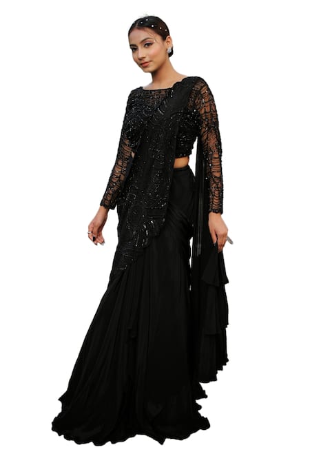 Lasha_Black Net, Crepe Cut Work, Layered Lehenga Saree With Embroidered Blouse _Online_at_Aza_Fashions