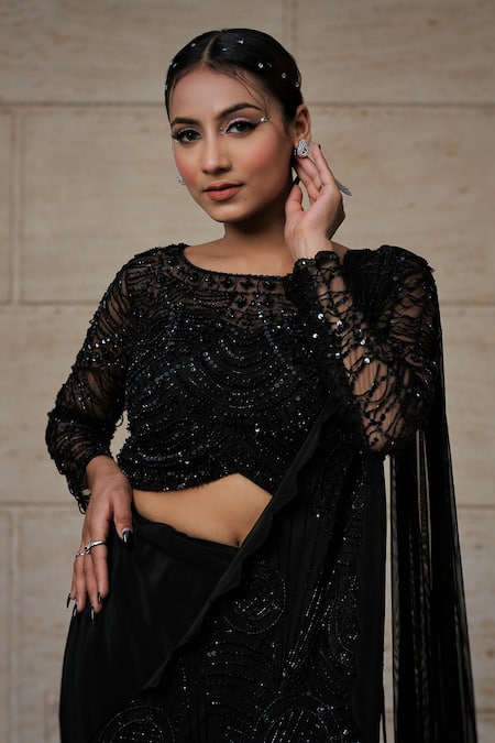 Buy_Lasha_Black Net, Crepe Cut Work, Layered Lehenga Saree With Embroidered Blouse _Online_at_Aza_Fashions