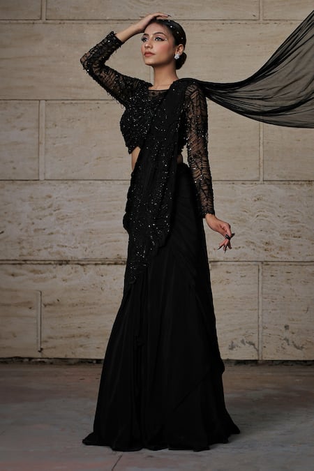 Shop_Lasha_Black Net, Crepe Cut Work, Layered Lehenga Saree With Embroidered Blouse _Online_at_Aza_Fashions
