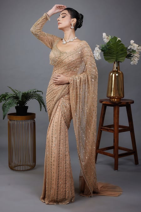 Lasha_Gold Tulle, Georgette Sequins, Beads, Embroidered Pre-draped Saree With Blouse _Online_at_Aza_Fashions