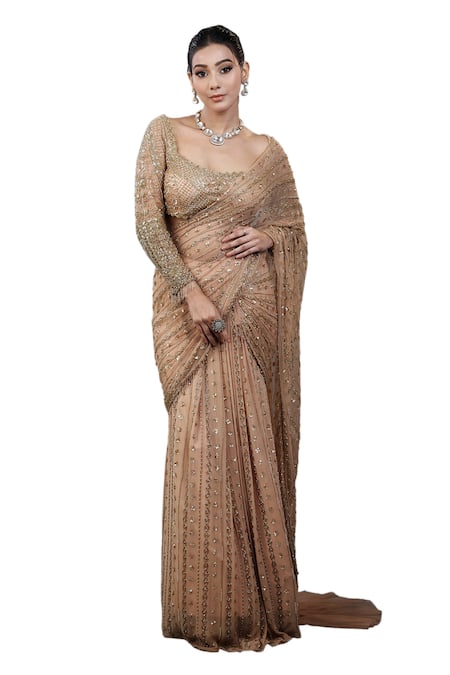 Buy_Lasha_Gold Tulle, Georgette Sequins, Beads, Embroidered Pre-draped Saree With Blouse _Online_at_Aza_Fashions
