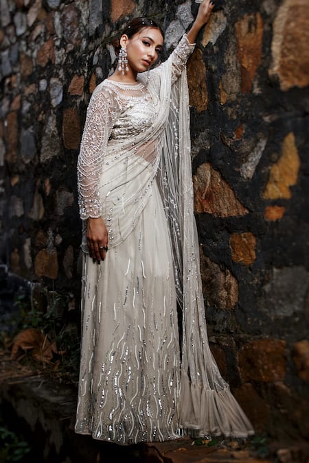 Shop_Lasha_Grey Georgette, Tulle Sequins, Pearls, Cut Work Pre-draped Saree With Blouse _at_Aza_Fashions