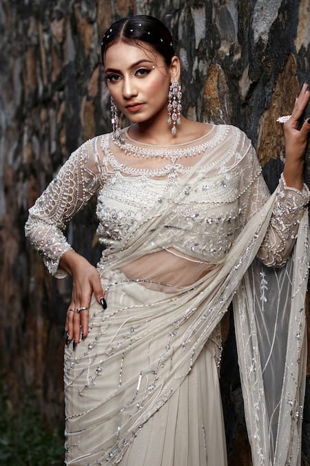 Lasha_Grey Georgette, Tulle Sequins, Pearls, Cut Work Pre-draped Saree With Blouse _Online_at_Aza_Fashions