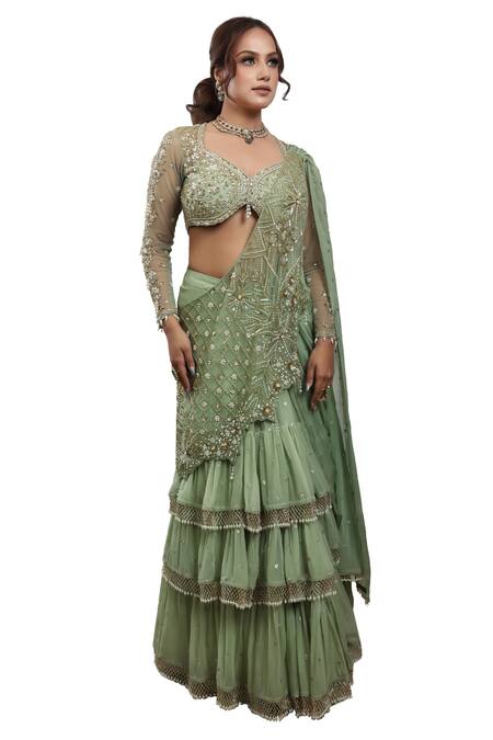 Buy_Lasha_Green Tulle, Organza Sequins, Cut Work Layered Pre-draped Saree With Blouse _Online_at_Aza_Fashions