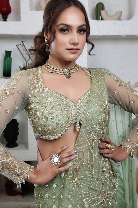 Shop_Lasha_Green Tulle, Organza Sequins, Cut Work Layered Pre-draped Saree With Blouse _Online_at_Aza_Fashions