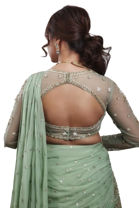 Buy_Lasha_Green Tulle, Organza Sequins, Cut Work Layered Pre-draped Saree With Blouse 