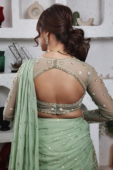 Shop_Lasha_Green Tulle, Organza Sequins, Cut Work Layered Pre-draped Saree With Blouse _at_Aza_Fashions