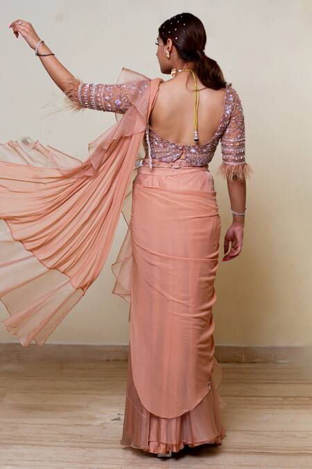 Shop_Lasha_Peach Organza, Net Cut Work, Sequins, Pearls Pre-draped Ruffle Saree With Blouse _at_Aza_Fashions