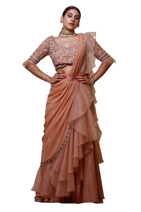 Lasha_Peach Organza, Net Cut Work, Sequins, Pearls Pre-draped Ruffle Saree With Blouse _Online_at_Aza_Fashions