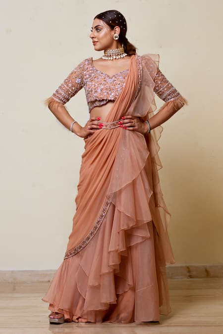 Buy_Lasha_Peach Organza, Net Cut Work, Sequins, Pearls Pre-draped Ruffle Saree With Blouse _Online_at_Aza_Fashions