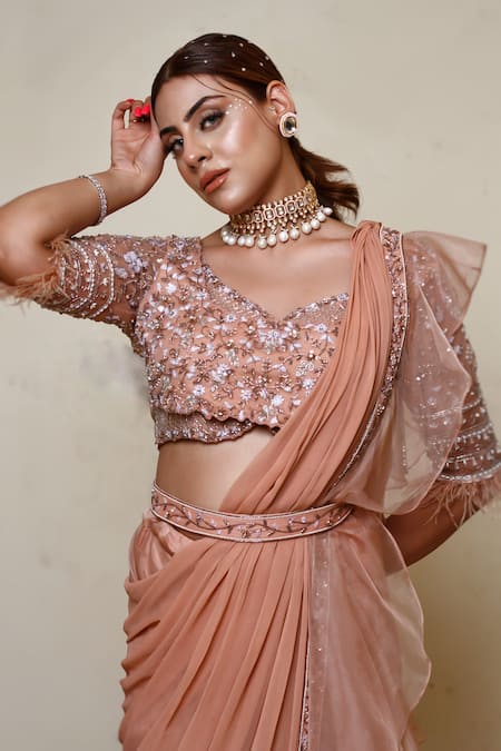 Shop_Lasha_Peach Organza, Net Cut Work, Sequins, Pearls Pre-draped Ruffle Saree With Blouse _Online_at_Aza_Fashions