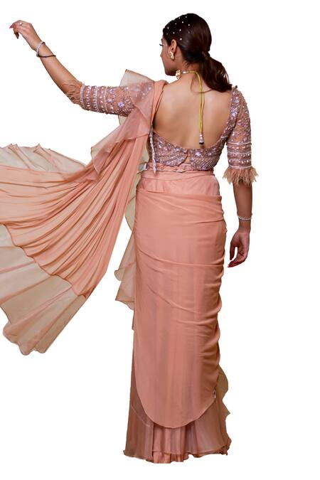 Lasha_Peach Organza, Net Cut Work, Sequins, Pearls Pre-draped Ruffle Saree With Blouse _at_Aza_Fashions