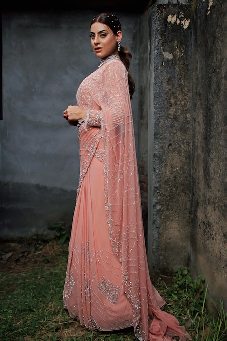Buy_Lasha_Peach Net, Georgette Cut Work, Sequins, Pre-draped Embroidered Saree With Blouse _Online_at_Aza_Fashions