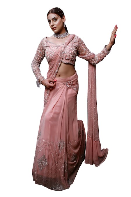 Shop_Lasha_Peach Net, Georgette Cut Work, Sequins, Pre-draped Embroidered Saree With Blouse _Online_at_Aza_Fashions