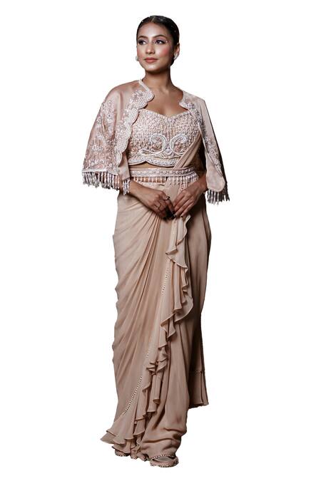 Lasha Beige Satin, Organza, Georgette Pre-draped Saree Set With Embroidered Cape Online at Aza Fashions Lasha_Beige Satin, Organza, Georgette Pre-draped Saree Set With Embroidered Cape _Online_at_Aza_Fashions