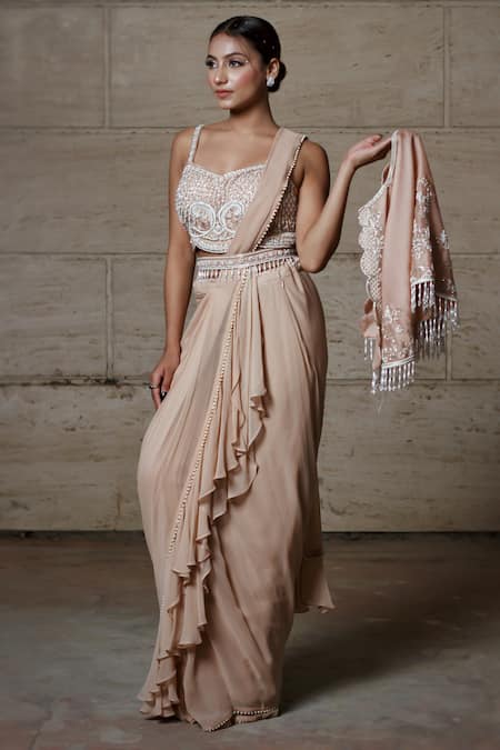 Lasha Pre-Draped Saree Set With Embroidered Cape 
