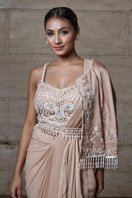 Buy Lasha Beige Satin, Organza, Georgette Pre-draped Saree Set With Embroidered Cape Online at Aza Fashions Buy_Lasha_Beige Satin, Organza, Georgette Pre-draped Saree Set With Embroidered Cape _Online_at_Aza_Fashions