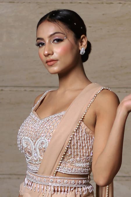 Shop Lasha Beige Satin, Organza, Georgette Pre-draped Saree Set With Embroidered Cape Online at Aza Fashions Shop_Lasha_Beige Satin, Organza, Georgette Pre-draped Saree Set With Embroidered Cape _Online_at_Aza_Fashions