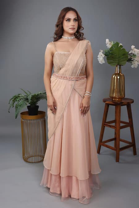 Lasha Pink Organza Hand Embroidered Layered Pre-draped Saree With Blouse 