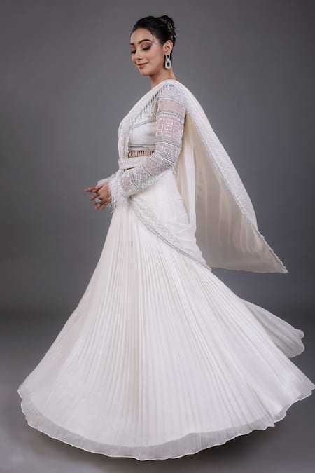 Lasha Ivory Georgette, Tulle Sequins Pleated Lehenga Saree With Embroidered Blouse Online at Aza Fashions Lasha_Ivory Georgette, Tulle Sequins Pleated Lehenga Saree With Embroidered Blouse _Online_at_Aza_Fashions