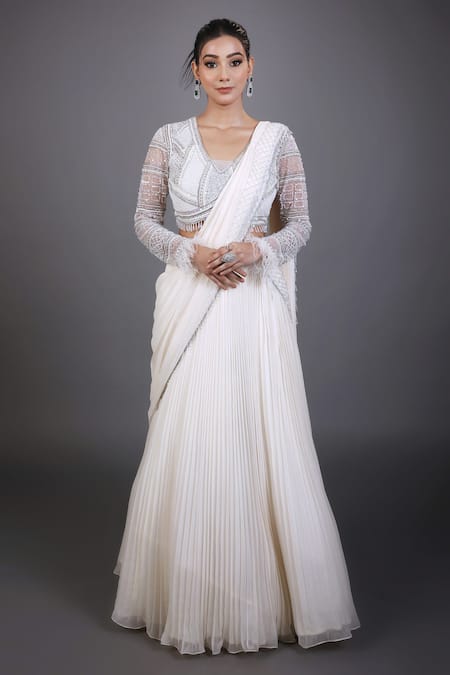 Lasha Ivory Tulle Net Hand Embroidered Pleated Lehenga Saree With Blouse 