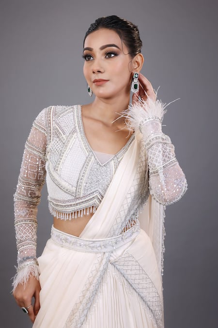 Buy Lasha Ivory Georgette, Tulle Sequins Pleated Lehenga Saree With Embroidered Blouse Online at Aza Fashions Buy_Lasha_Ivory Georgette, Tulle Sequins Pleated Lehenga Saree With Embroidered Blouse _Online_at_Aza_Fashions