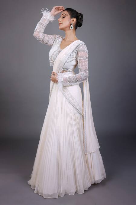 Shop Lasha Ivory Georgette, Tulle Sequins Pleated Lehenga Saree With Embroidered Blouse Online at Aza Fashions Shop_Lasha_Ivory Georgette, Tulle Sequins Pleated Lehenga Saree With Embroidered Blouse _Online_at_Aza_Fashions