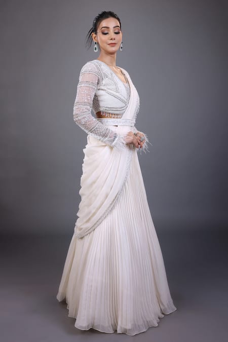 Lasha Ivory Georgette, Tulle Sequins Pleated Lehenga Saree With Embroidered Blouse at Aza Fashions Lasha_Ivory Georgette, Tulle Sequins Pleated Lehenga Saree With Embroidered Blouse _at_Aza_Fashions