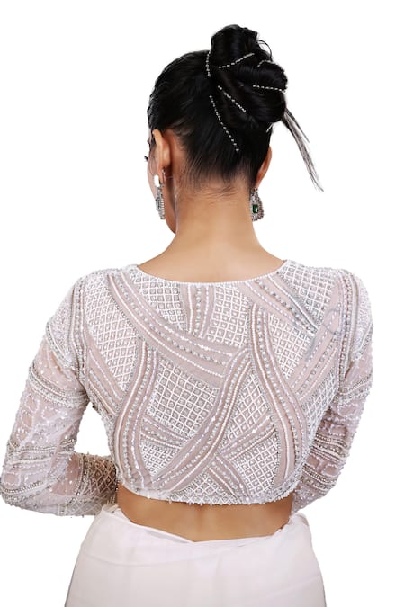 Buy Lasha Ivory Georgette, Tulle Sequins Pleated Lehenga Saree With Embroidered Blouse Buy_Lasha_Ivory Georgette, Tulle Sequins Pleated Lehenga Saree With Embroidered Blouse