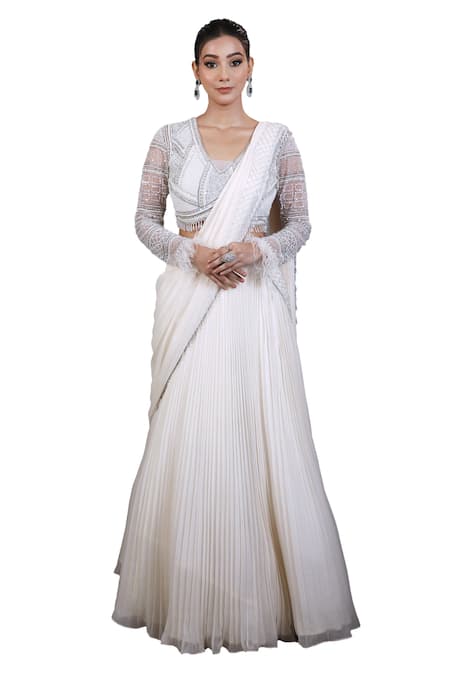 Shop Lasha Ivory Georgette, Tulle Sequins Pleated Lehenga Saree With Embroidered Blouse Shop_Lasha_Ivory Georgette, Tulle Sequins Pleated Lehenga Saree With Embroidered Blouse
