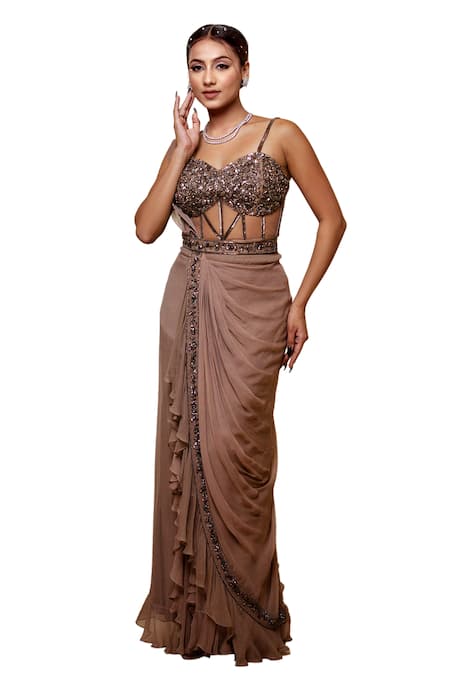Lasha_Grey Chiffon, Tulle Sequins, Cut Work, Beads Pre-draped Ruffle Saree With Blouse _Online_at_Aza_Fashions