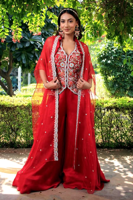 Lasha Red Bamber Satin Hand Embroidered Threads Scalloped Cape And Palazzo Set 