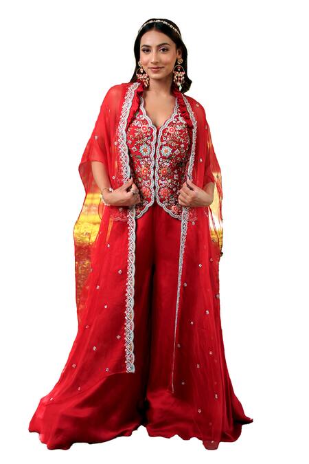 Buy_Lasha_Red Bamboo Embroidery, Pearls, Sequins Scoop Neck Cape And Palazzo Set _Online_at_Aza_Fashions