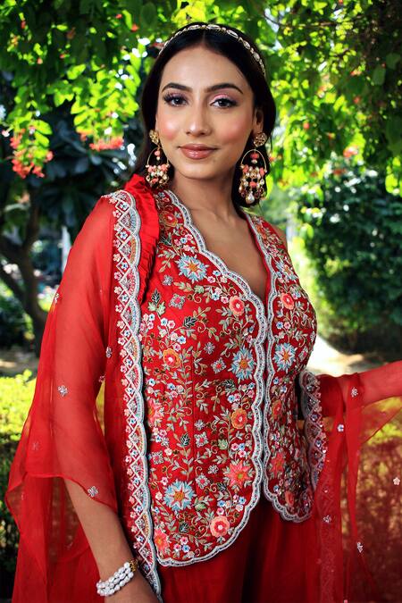 Shop_Lasha_Red Bamboo Embroidery, Pearls, Sequins Scoop Neck Cape And Palazzo Set _Online_at_Aza_Fashions