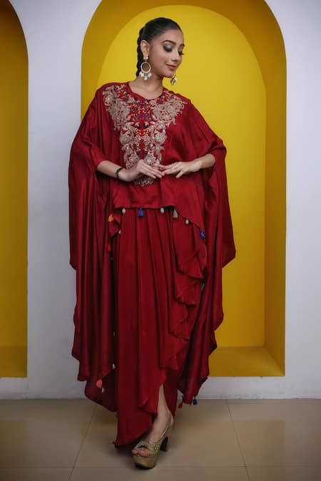 Lasha Maroon Crepe Hand Embroidered Zari Round Kaftan And Draped Skirt Set 