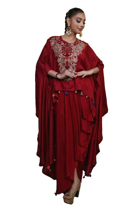 Lasha_Maroon Crepe Embroidery Round Neck Kaftan And Draped Skirt Set _Online_at_Aza_Fashions