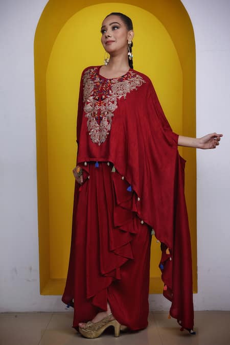 Buy_Lasha_Maroon Crepe Embroidery Round Neck Kaftan And Draped Skirt Set _Online_at_Aza_Fashions