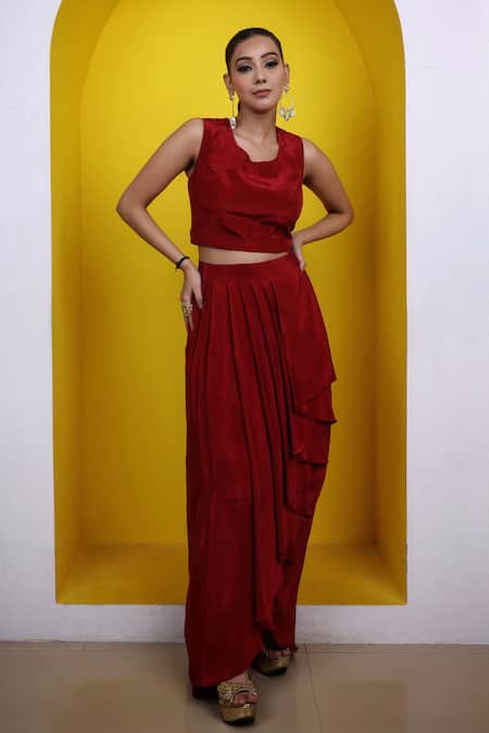 Shop_Lasha_Maroon Crepe Embroidery Round Neck Kaftan And Draped Skirt Set _Online_at_Aza_Fashions