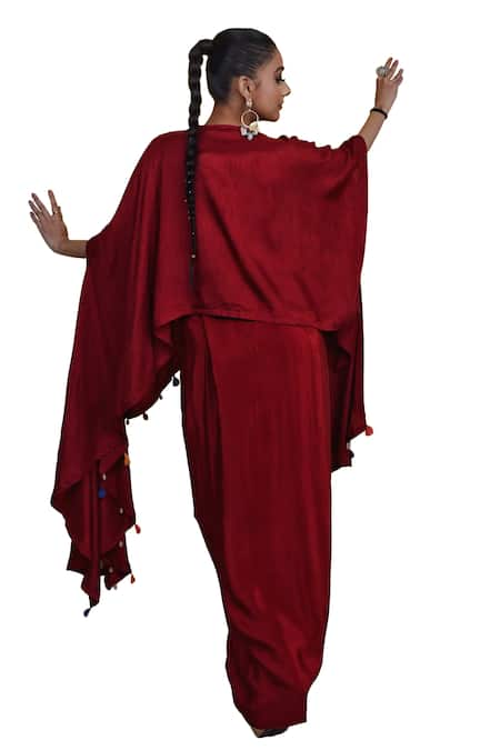 Lasha_Maroon Crepe Embroidery Round Neck Kaftan And Draped Skirt Set _at_Aza_Fashions