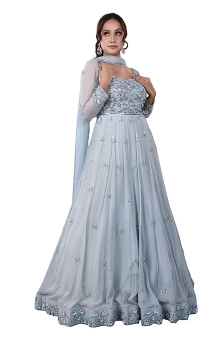 Buy_Lasha_Blue Net, Georgette Cut Work, Sequins, And Embroidered Anarkali With Dupatta _Online_at_Aza_Fashions