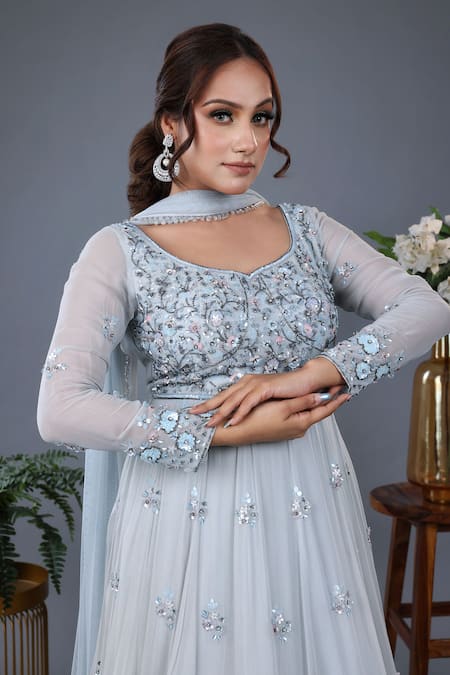 Shop_Lasha_Blue Net, Georgette Cut Work, Sequins, And Embroidered Anarkali With Dupatta _Online_at_Aza_Fashions