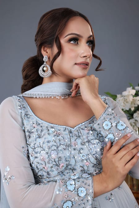 Lasha_Blue Net, Georgette Cut Work, Sequins, And Embroidered Anarkali With Dupatta _at_Aza_Fashions