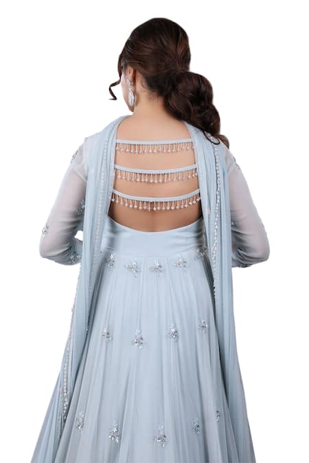 Buy_Lasha_Blue Net, Georgette Cut Work, Sequins, And Embroidered Anarkali With Dupatta 