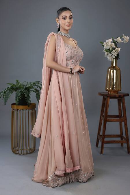 Lasha Peach Georgette Cut Work, Sequins, Beads, Floral Cutdana Anarkali Set Online at Aza Fashions Lasha_Peach Georgette Cut Work, Sequins, Beads, Floral Cutdana Anarkali Set _Online_at_Aza_Fashions