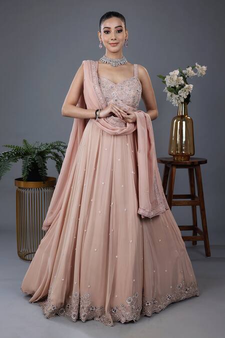 Lasha Peach Georgette Cut Work, Sequins, Beads, Floral Cutdana Anarkali Set at Aza Fashions Lasha_Peach Georgette Cut Work, Sequins, Beads, Floral Cutdana Anarkali Set _at_Aza_Fashions